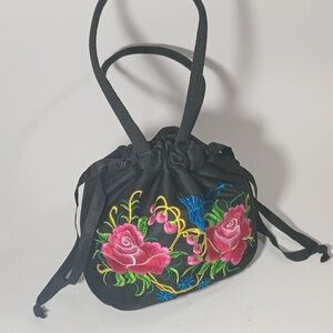 Women's Bucket Black Floral Handbag New Embroidery Floral Pink Blue Green